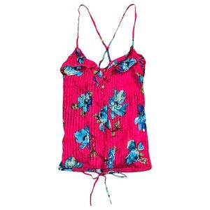 Y2K Hollister Pink Floral Babydoll Cami Tie Hem Spaghetti Strap Top L